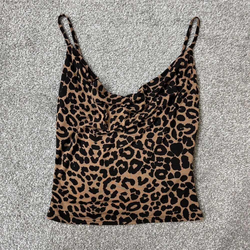 PrettyLittleThing Tank Top Womens 0 Brown Leopard Cowl Neck Cami Stretch Sexy